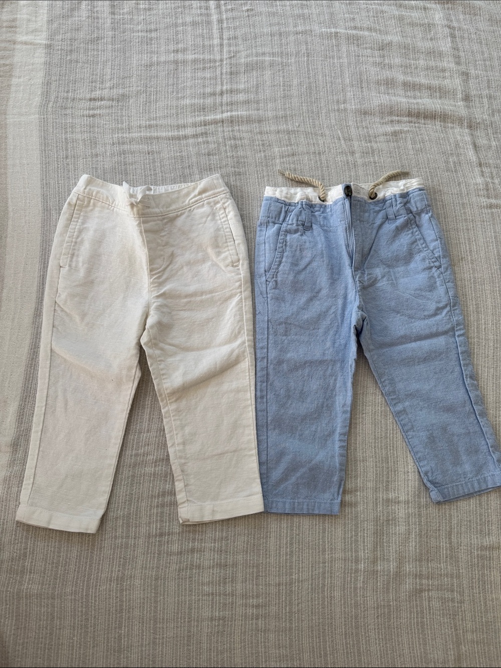Janie and Jack White & Light Blue Kids Linen&Cotton Pants Duo